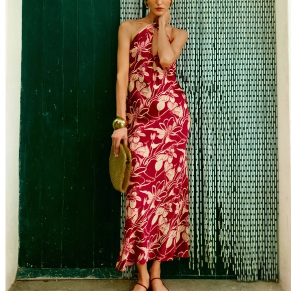 NWT Reformation Yesenia Silk Maxi Halter Dress - Las Dalias Red Floral - Picture 3 of 10